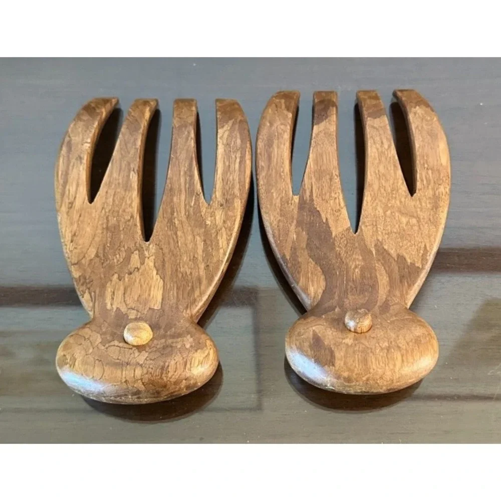 Vintage MCM Wood Salad Hands Tongs Tosses Wooden